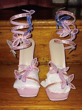 Pink Butterfly Embellished Women's Strappy Heels